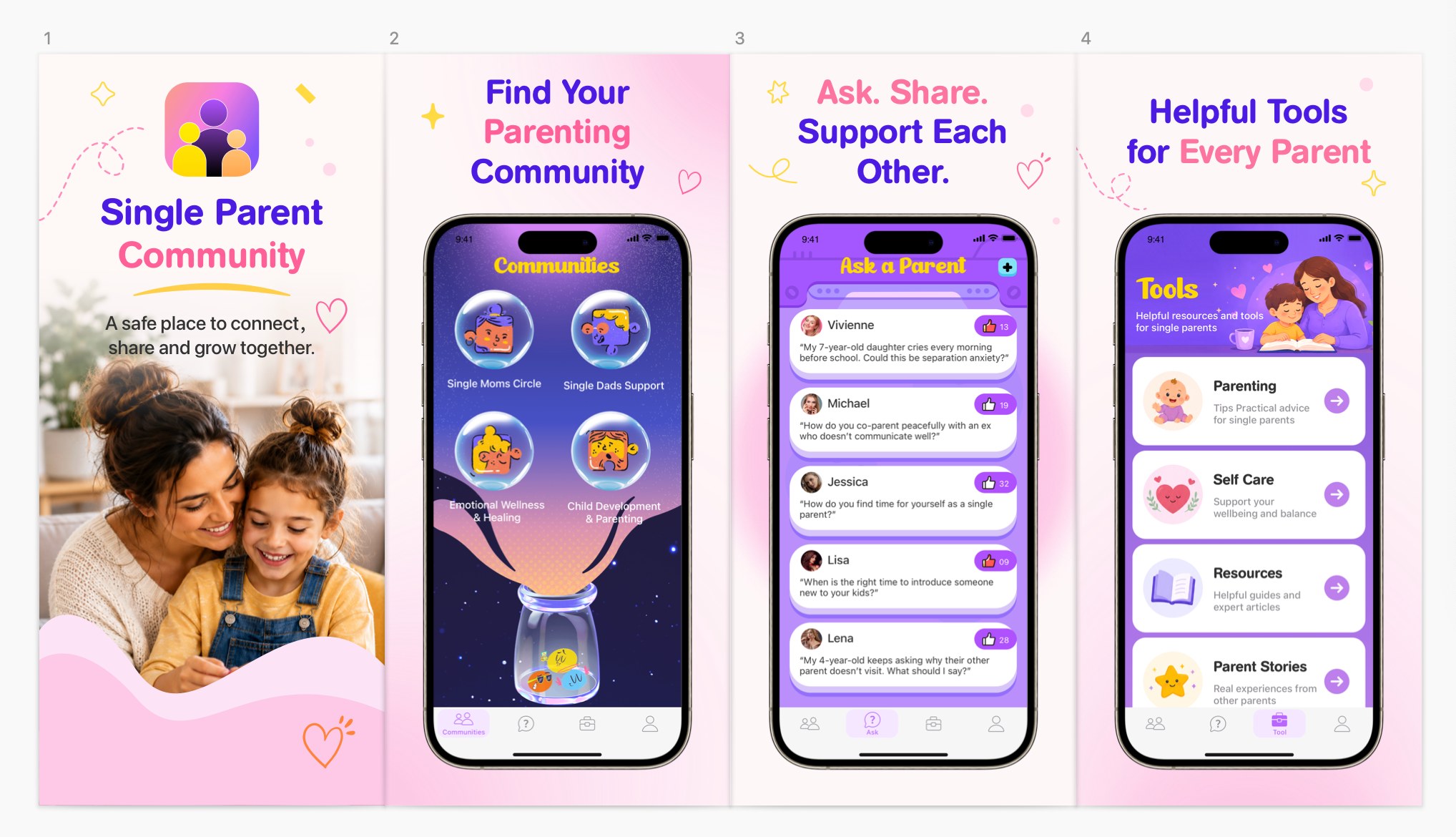 Famio app screens showing Communities, Ask a Parent and helpful parenting tools